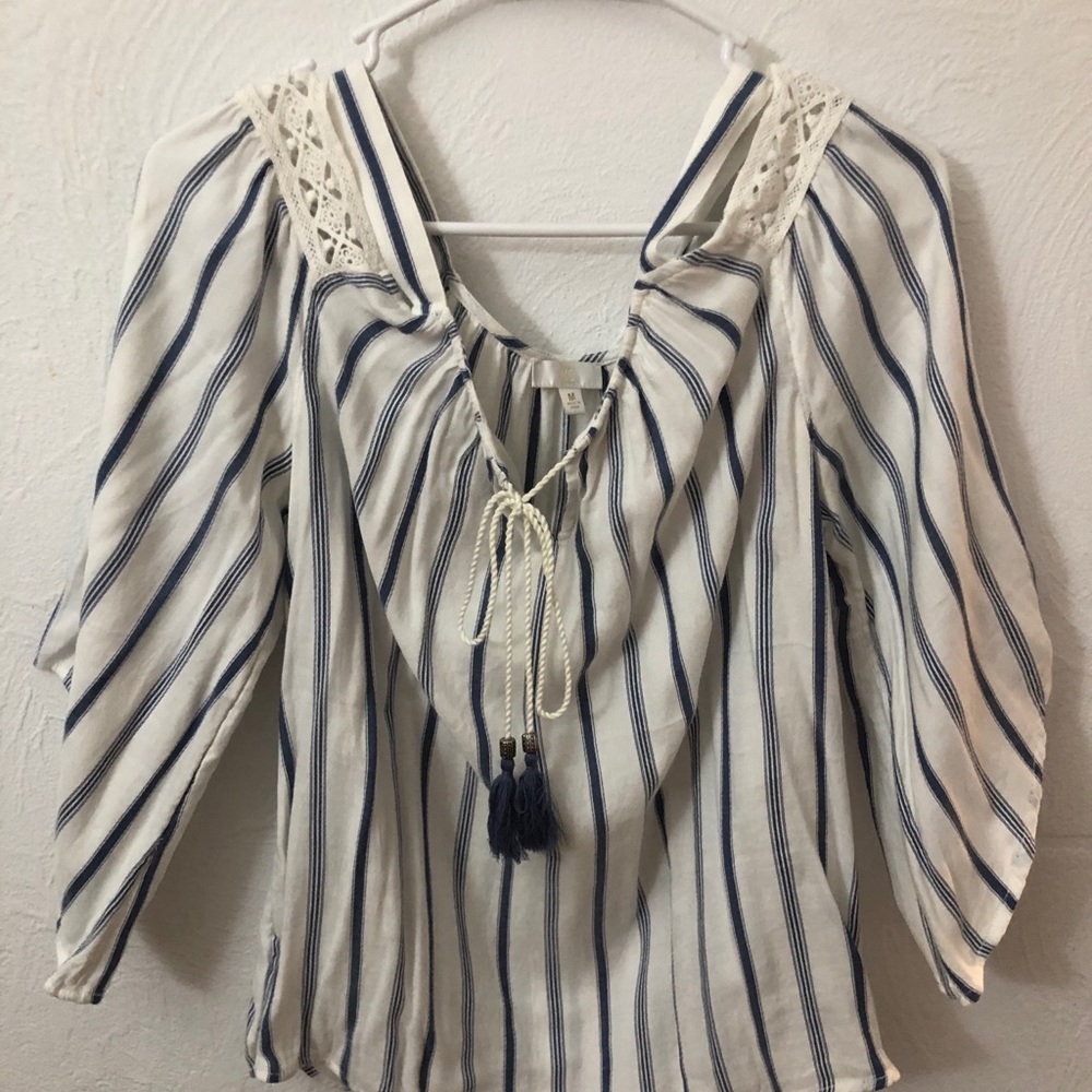 white and blue striped off the shoulder top